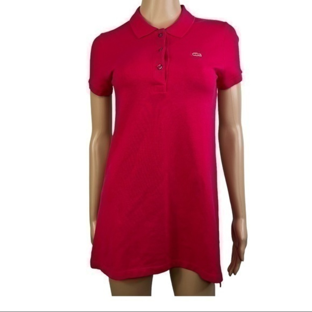 Lacoste Women Top Long Shirt Red Pullover Buttons Neck Sz 38